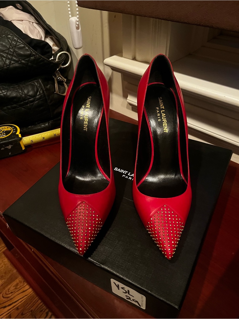 Saint Laurent Red Micro- Studded Pointed Pumps sz 39